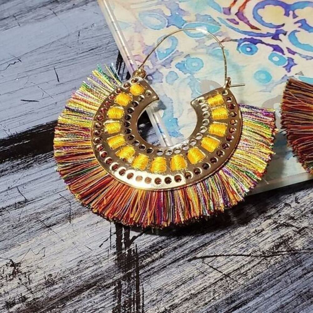 𝅺Anthropologie‎ boho hoop fringe tasseled earrings - Picture 2 of 5